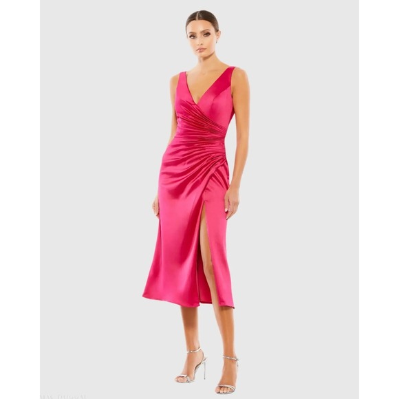 Ieena for Mac‎ Duggal Satin Ruched V-Neck Faux Wrap Midi Dress 26625 Pink Size 4